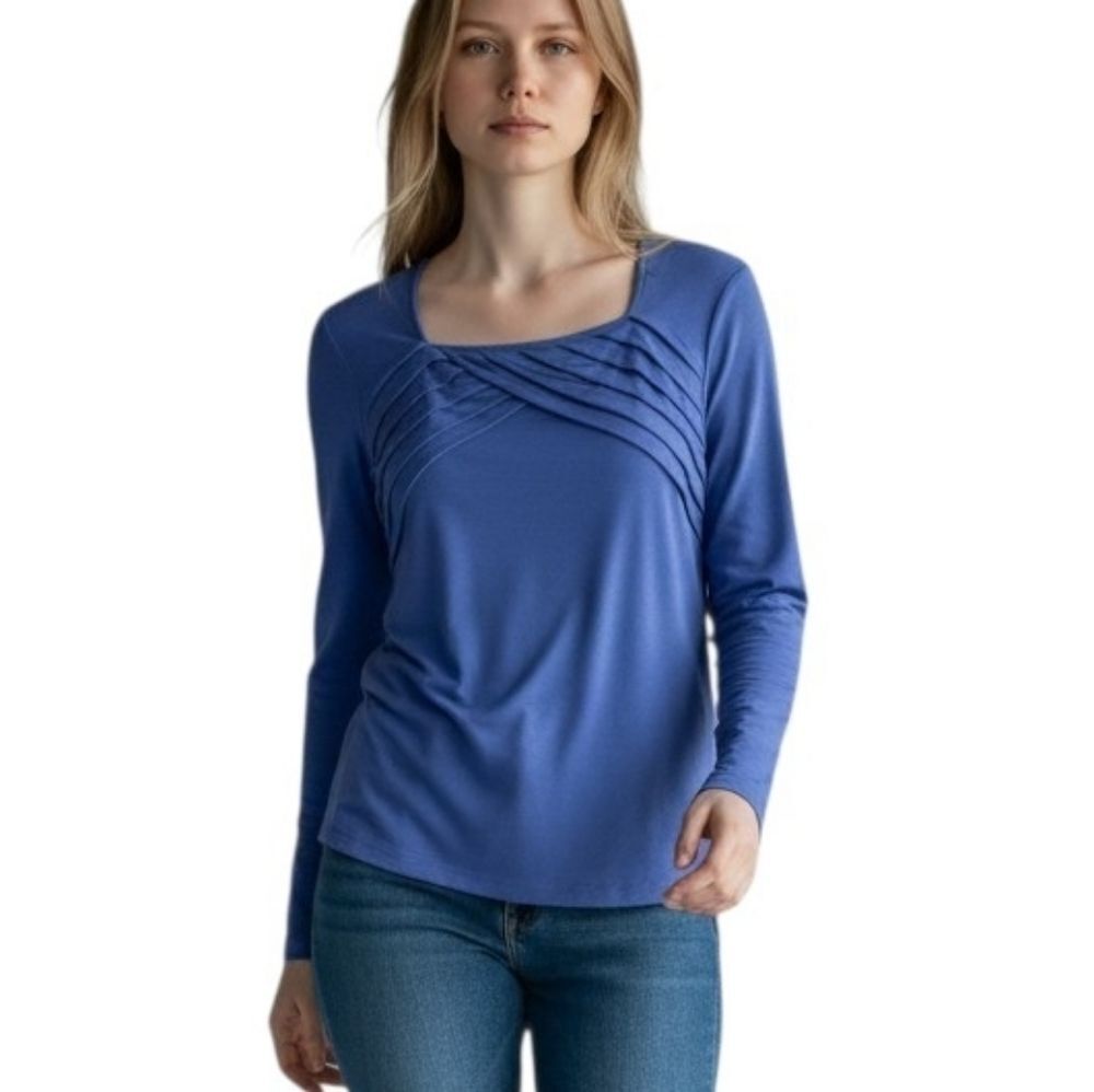 Banana Republic Blue Square Neck Pleated Top Long Sleeve Silky Knit Tee Size M
